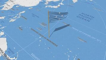 federado estados do Micronésia bandeira acenando com a mundo mapa, desatado ciclo dentro vento, 3d Renderização video