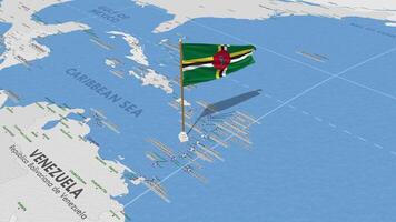 dominica bandiera agitando con il mondo carta geografica, senza soluzione di continuità ciclo continuo nel vento, 3d interpretazione video