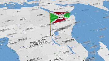 burundi bandiera agitando con il mondo carta geografica, senza soluzione di continuità ciclo continuo nel vento, 3d interpretazione video