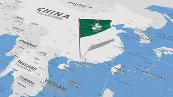 China macao, macao bandera ondulación con el mundo mapa, sin costura lazo en viento, 3d representación video