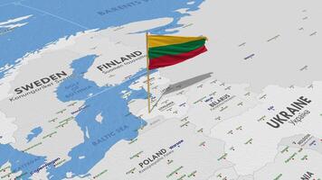 Lithuania Flag Waving with The World Map, Seamless Loop in Wind, 3D Rendering video