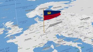 Liechtenstein Flag Waving with The World Map, Seamless Loop in Wind, 3D Rendering video