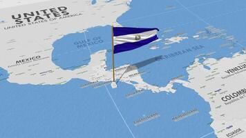 el el Salvador bandera ondulación con el mundo mapa, sin costura lazo en viento, 3d representación video