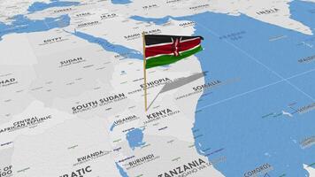 Kenya drapeau agitant avec le monde carte, sans couture boucle dans vent, 3d le rendu video