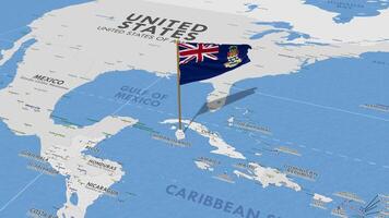 kajman öar flagga vinka med de värld Karta, sömlös slinga i vind, 3d tolkning video
