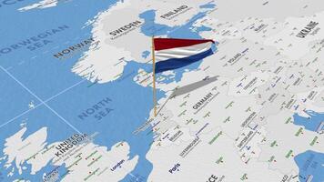 Nederland vlag golvend met de wereld kaart, naadloos lus in wind, 3d renderen video