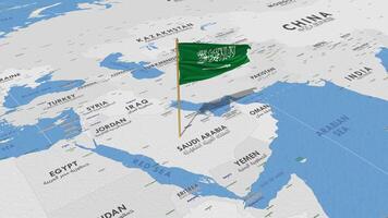 ksa, reino do saudita arábia bandeira acenando com a mundo mapa, desatado ciclo dentro vento, 3d Renderização video