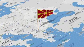 norte macedonia bandera ondulación con el mundo mapa, sin costura lazo en viento, 3d representación video