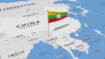 Myanmar, birmania bandiera agitando con il mondo carta geografica, senza soluzione di continuità ciclo continuo nel vento, 3d interpretazione video