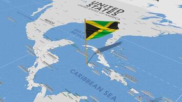 Jamaica bandera ondulación con el mundo mapa, sin costura lazo en viento, 3d representación video