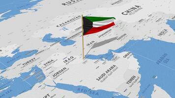 Kuwait bandiera agitando con il mondo carta geografica, senza soluzione di continuità ciclo continuo nel vento, 3d interpretazione video