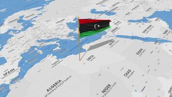 Libyen Flagge winken mit das Welt Karte, nahtlos Schleife im Wind, 3d Rendern video