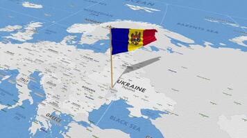 Moldavia bandera ondulación con el mundo mapa, sin costura lazo en viento, 3d representación video