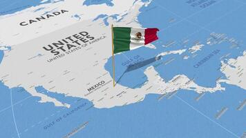 mexico bandera ondulación con el mundo mapa, sin costura lazo en viento, 3d representación video