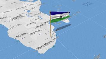 Lesoto bandera ondulación con el mundo mapa, sin costura lazo en viento, 3d representación video