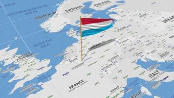 lussemburgo bandiera agitando con il mondo carta geografica, senza soluzione di continuità ciclo continuo nel vento, 3d interpretazione video