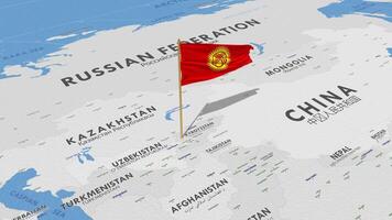 Kirgizië vlag golvend met de wereld kaart, naadloos lus in wind, 3d renderen video