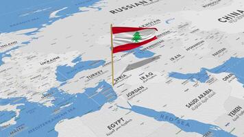 Liban drapeau agitant avec le monde carte, sans couture boucle dans vent, 3d le rendu video