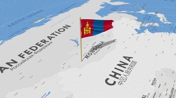 Mongolia Flag Waving with The World Map, Seamless Loop in Wind, 3D Rendering video