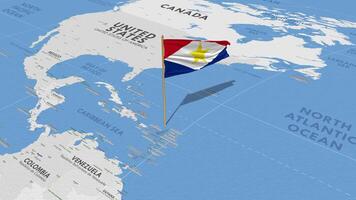 Saba Island Flag Waving with The World Map, Seamless Loop in Wind, 3D Rendering video