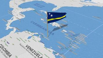 curacao bandera ondulación con el mundo mapa, sin costura lazo en viento, 3d representación video