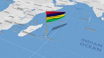 mauritius bandiera agitando con il mondo carta geografica, senza soluzione di continuità ciclo continuo nel vento, 3d interpretazione video