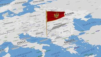 montenegro bandera ondulación con el mundo mapa, sin costura lazo en viento, 3d representación video