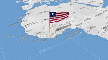 Liberia bandera ondulación con el mundo mapa, sin costura lazo en viento, 3d representación video