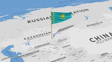 kazakhstan drapeau agitant avec le monde carte, sans couture boucle dans vent, 3d le rendu video