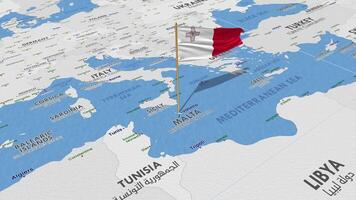 Malta Flag Waving with The World Map, Seamless Loop in Wind, 3D Rendering video