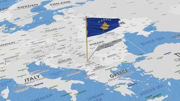 Kosovo Flag Waving with The World Map, Seamless Loop in Wind, 3D Rendering video