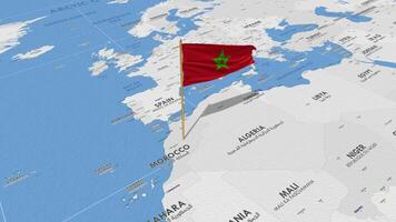 Maroc drapeau agitant avec le monde carte, sans couture boucle dans vent, 3d le rendu video