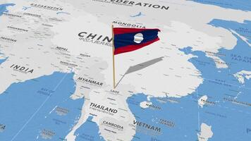 Laos bandera ondulación con el mundo mapa, sin costura lazo en viento, 3d representación video