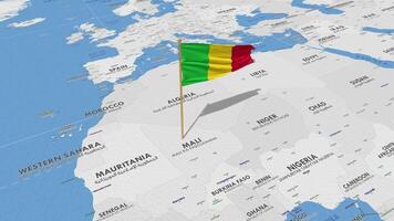 mali drapeau agitant avec le monde carte, sans couture boucle dans vent, 3d le rendu video