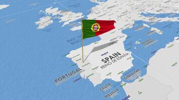 Portugal bandera ondulación con el mundo mapa, sin costura lazo en viento, 3d representación video