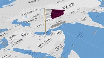 Qatar drapeau agitant avec le monde carte, sans couture boucle dans vent, 3d le rendu video