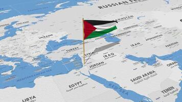 palestina flagga vinka med de värld Karta, sömlös slinga i vind, 3d tolkning video