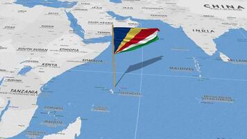 Seychelles Flag Waving with The World Map, Seamless Loop in Wind, 3D Rendering video