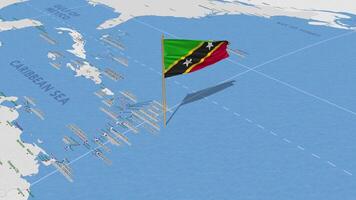 helgon kitts och nevis flagga vinka med de värld Karta, sömlös slinga i vind, 3d tolkning video