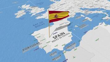 Spanje vlag golvend met de wereld kaart, naadloos lus in wind, 3d renderen video