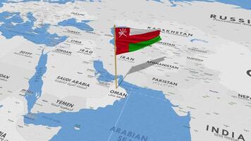 Oman Flagge winken mit das Welt Karte, nahtlos Schleife im Wind, 3d Rendern video