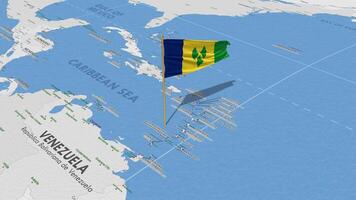 Saint Vincent et le grenadines drapeau agitant avec le monde carte, sans couture boucle dans vent, 3d le rendu video