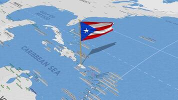 Puerto Rico Flag Waving with The World Map, Seamless Loop in Wind, 3D Rendering video