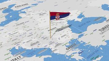 serbia bandera ondulación con el mundo mapa, sin costura lazo en viento, 3d representación video