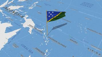 Salomón islas bandera ondulación con el mundo mapa, sin costura lazo en viento, 3d representación video