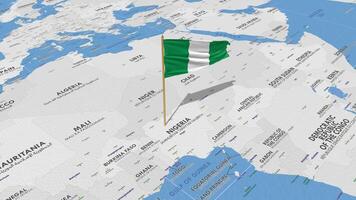 Nigeria drapeau agitant avec le monde carte, sans couture boucle dans vent, 3d le rendu video