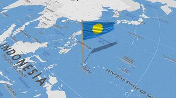 palau flagga vinka med de värld Karta, sömlös slinga i vind, 3d tolkning video