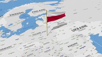 Polonia bandera ondulación con el mundo mapa, sin costura lazo en viento, 3d representación video