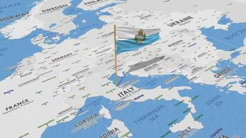 San Marino Flag Waving with The World Map, Seamless Loop in Wind, 3D Rendering video