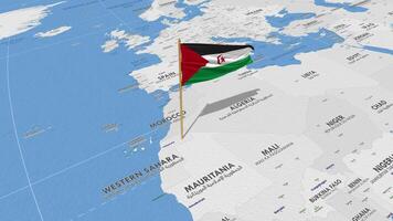 saharaui árabe democrático república bandera ondulación con el mundo mapa, sin costura lazo en viento, 3d representación video